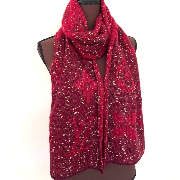 New Louis Vuitton Wool Wrap Medallion Logomania Red Burgundy Reversible Scarf - Picture 10 of 12